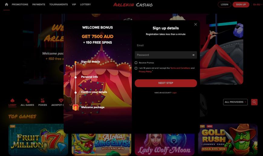 How to register at Arlekin Casino
